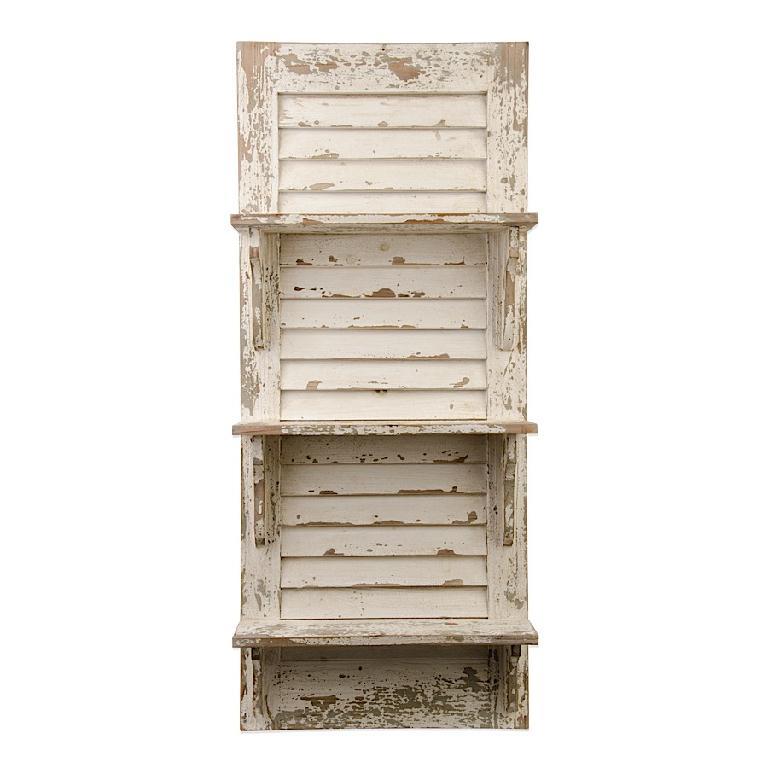 Distressed White Wood Shuttered Shelf Unit