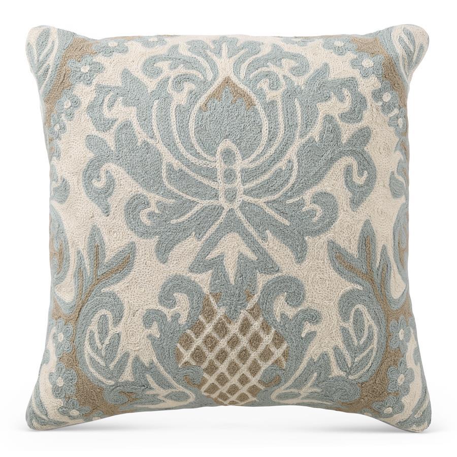 Square Aqua & Beige Damask Embroidered Pillow