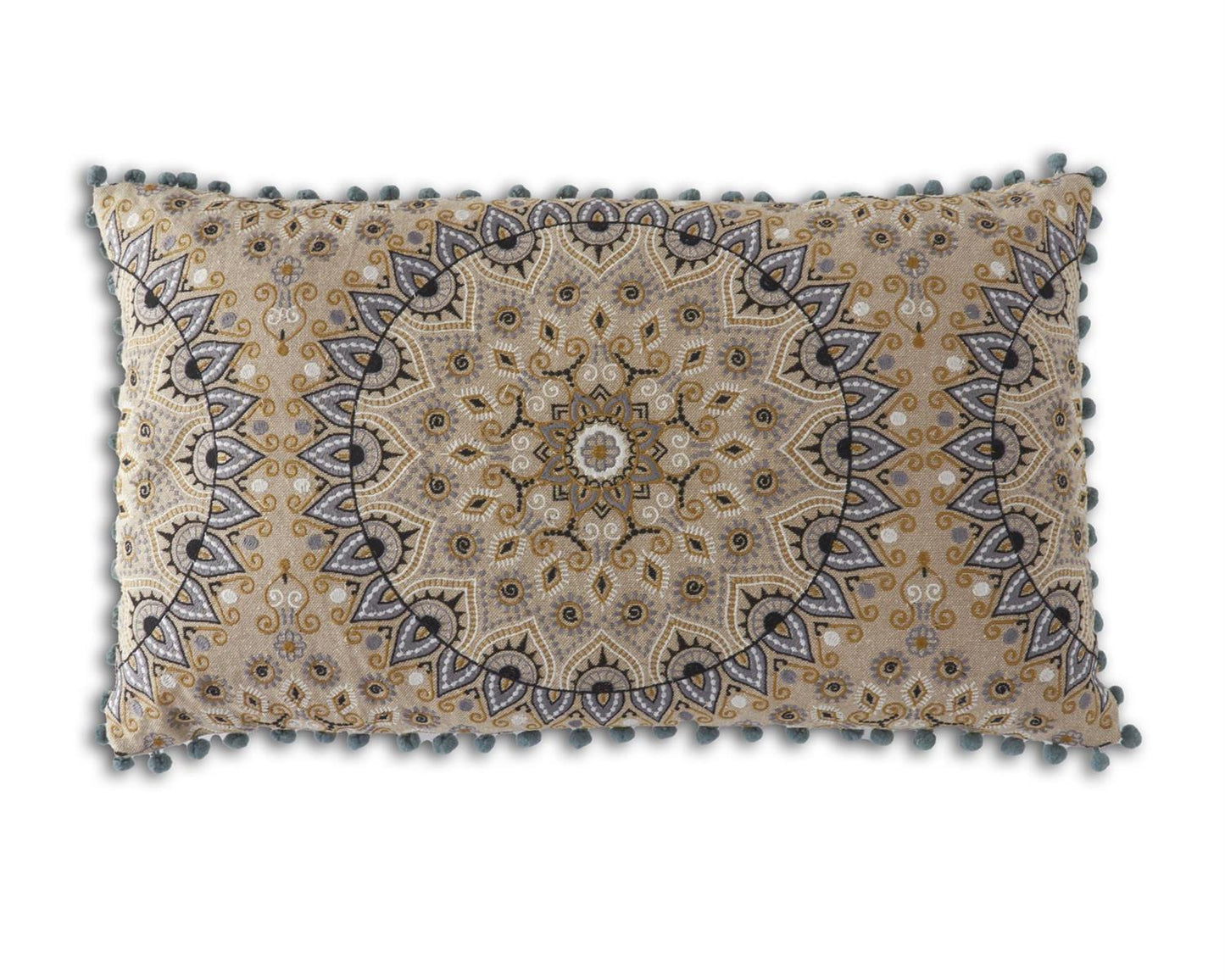 Blue & Cream Embroidered Mandala Pillow with Pom Pom