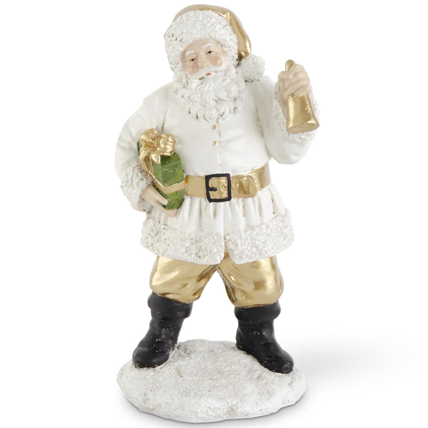 White & Gold Resin Santa with Package & Bell