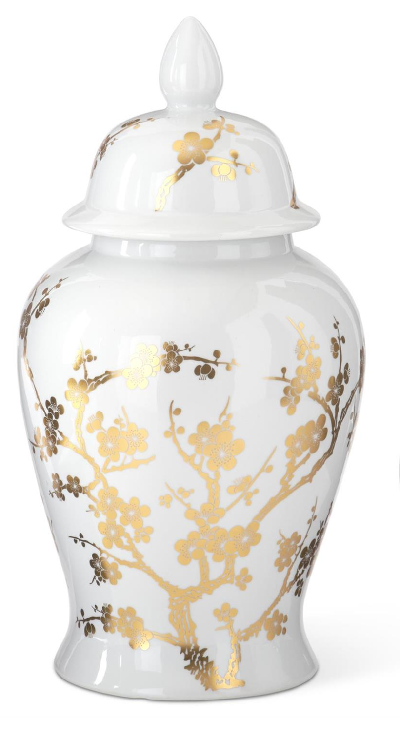 Large White & Gold Chinoiserie Vases with Lid