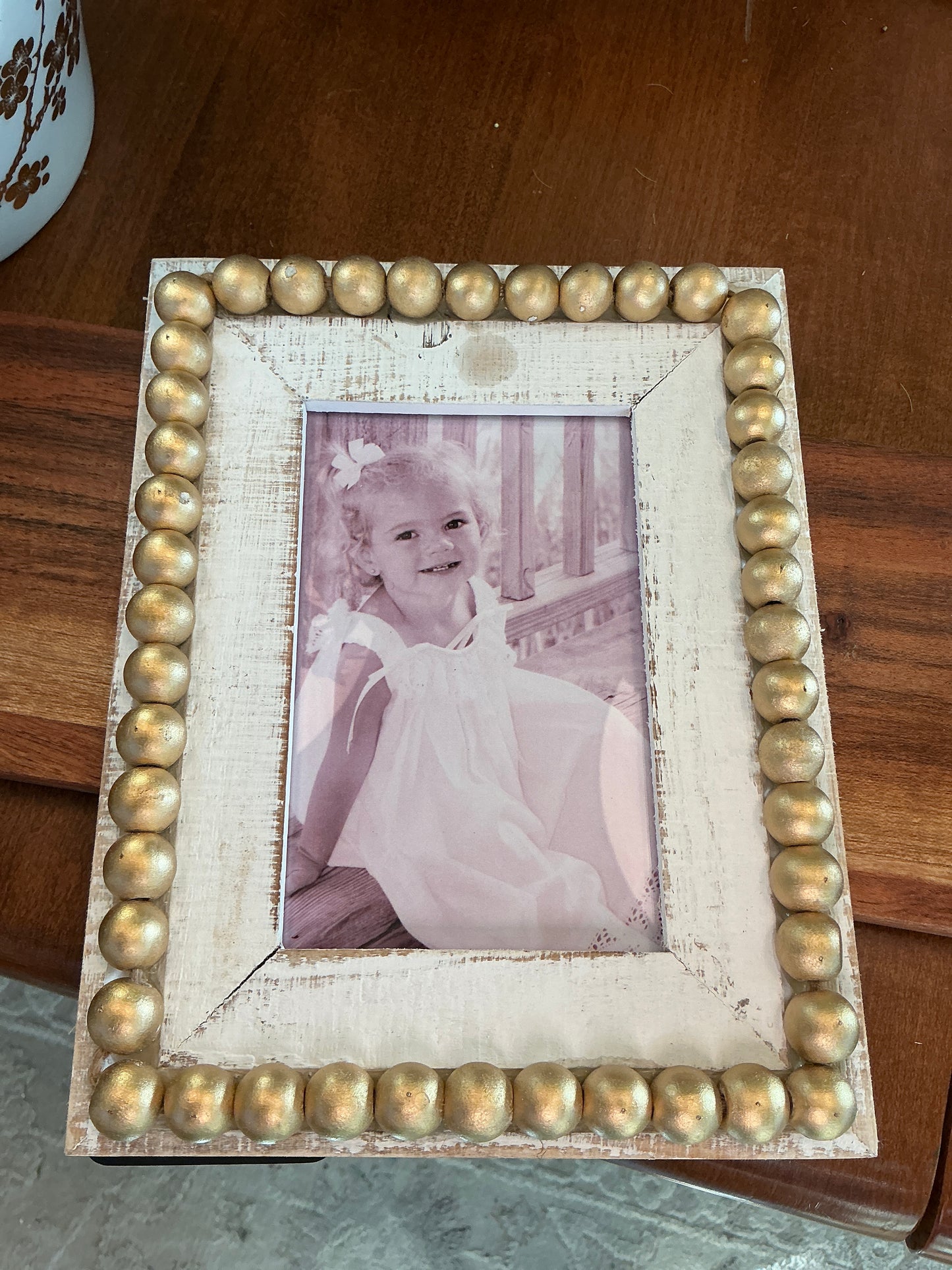 8.5"" Wood Beaded Photo Frame White with Gold 4x6""