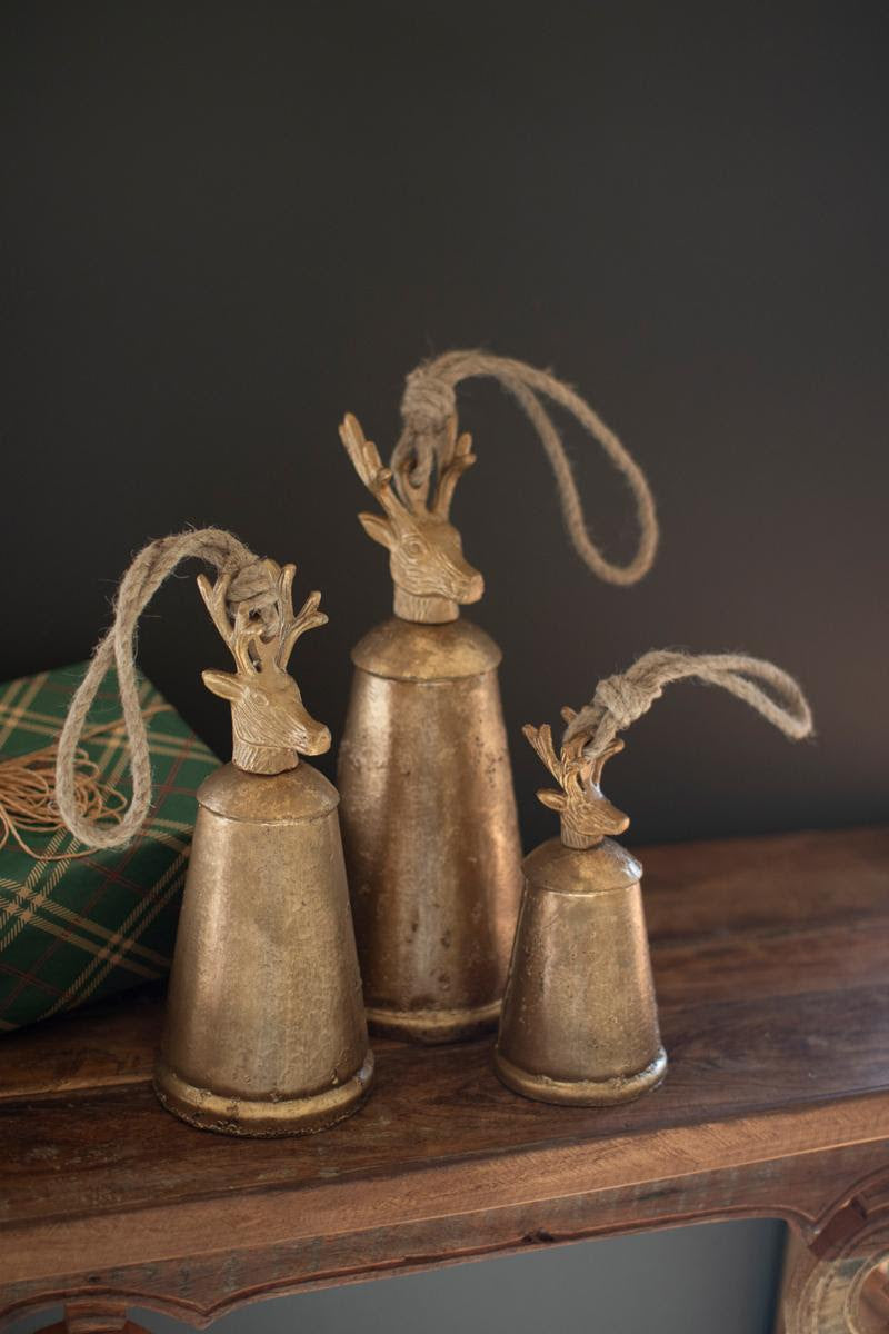 Set of 3 Gold metal Christmas bells with deer finial