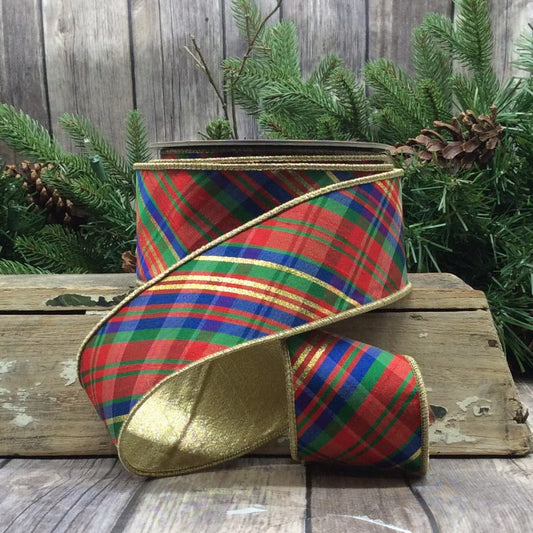 Dupion diagonal yuletide plaid, red green blue