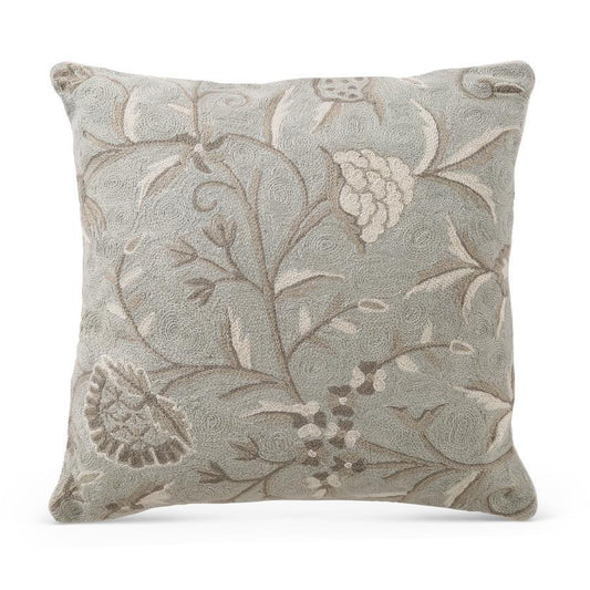 Square Pale Gray & Blue Floral Embroidered Pillow