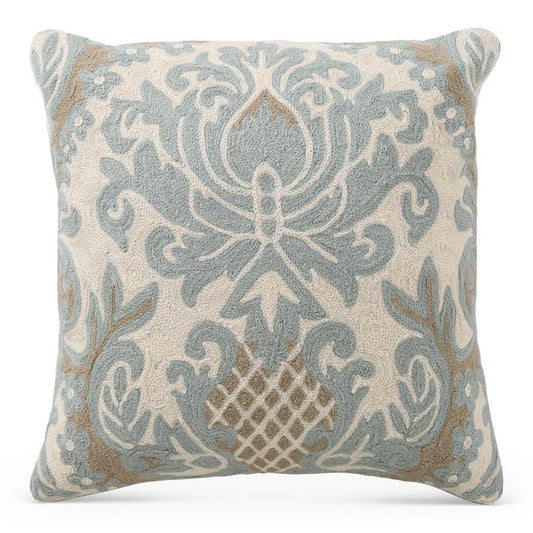 Square Aqua & Beige Damask Embroidered Pillow