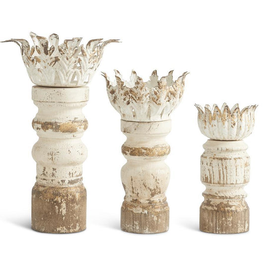 Large Whitewashed & Gold Wood Candleholder
