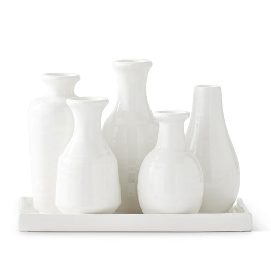 Cluster of 5 White Ceramic Vases on Attached Tray