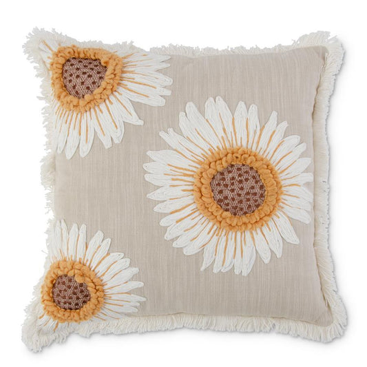 Tan Linen Pillow with Embroidered Sunflowers