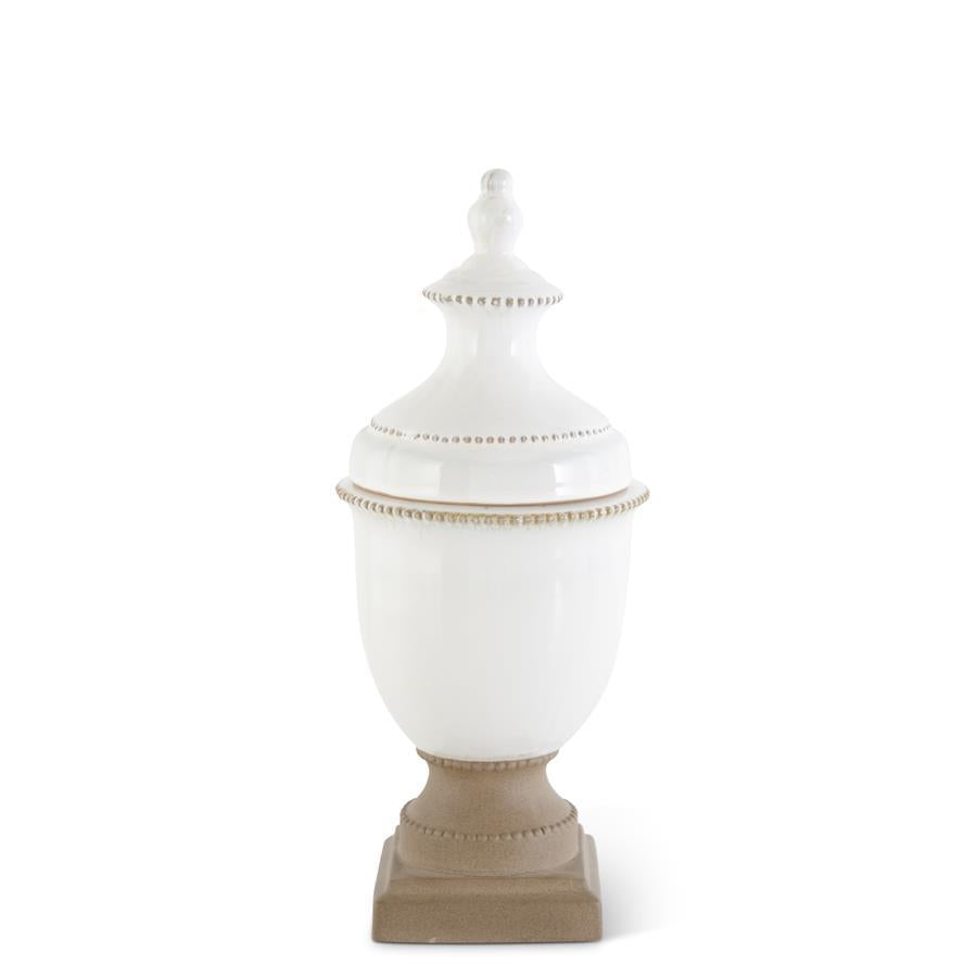 White Ceramic Lidded Urn w/Unglazed Base