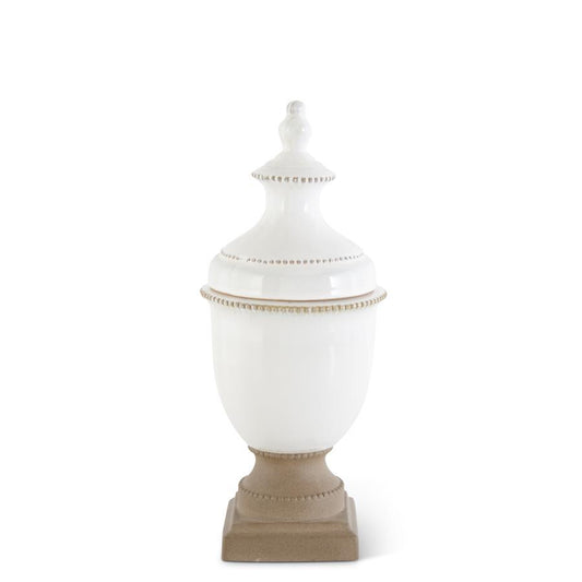 White Ceramic Lidded Urn w/Unglazed Base
