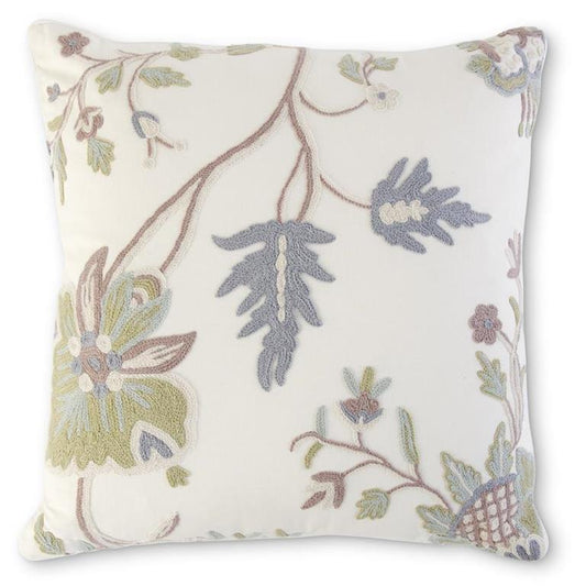 Cream Pillow with Blue Pink & Green Hand Embroidered Floral