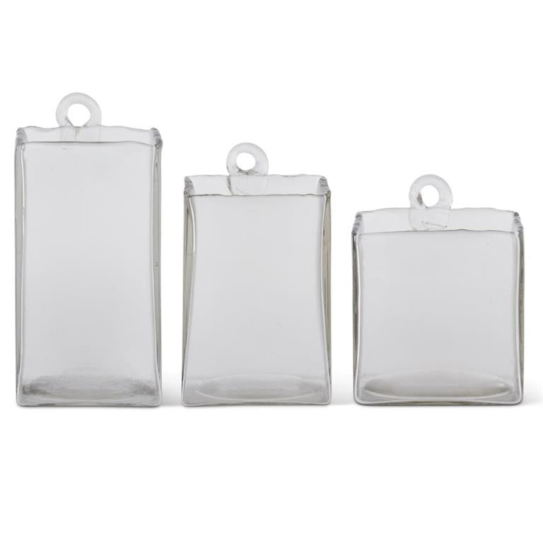 Hand-blown Square Clear Glass Hanging Vase - .75L