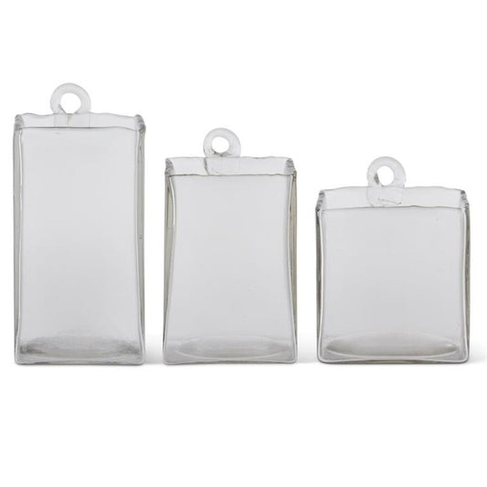 Hand-blown Square Clear Glass Hanging Vase - .75L