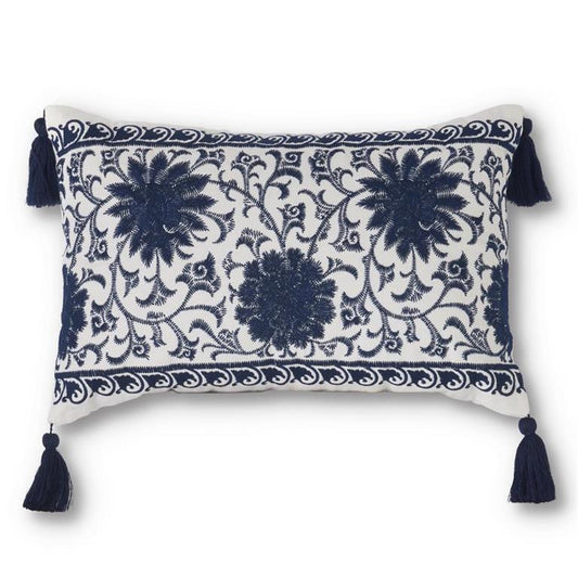 Blue & White Embroidered Mandala Pillow