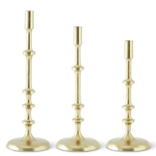 Gold Metal Ribbed Taper Candlesticks Set of 3