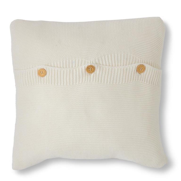Cotton White Knit Pillow with Center Buttons