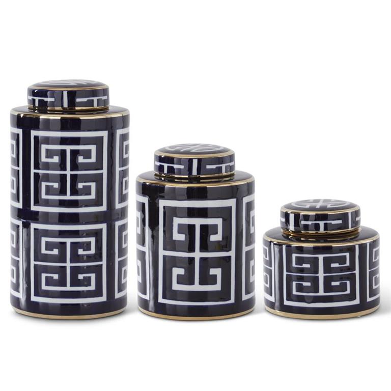 Small Blue and White Greek Key Lidded Container
