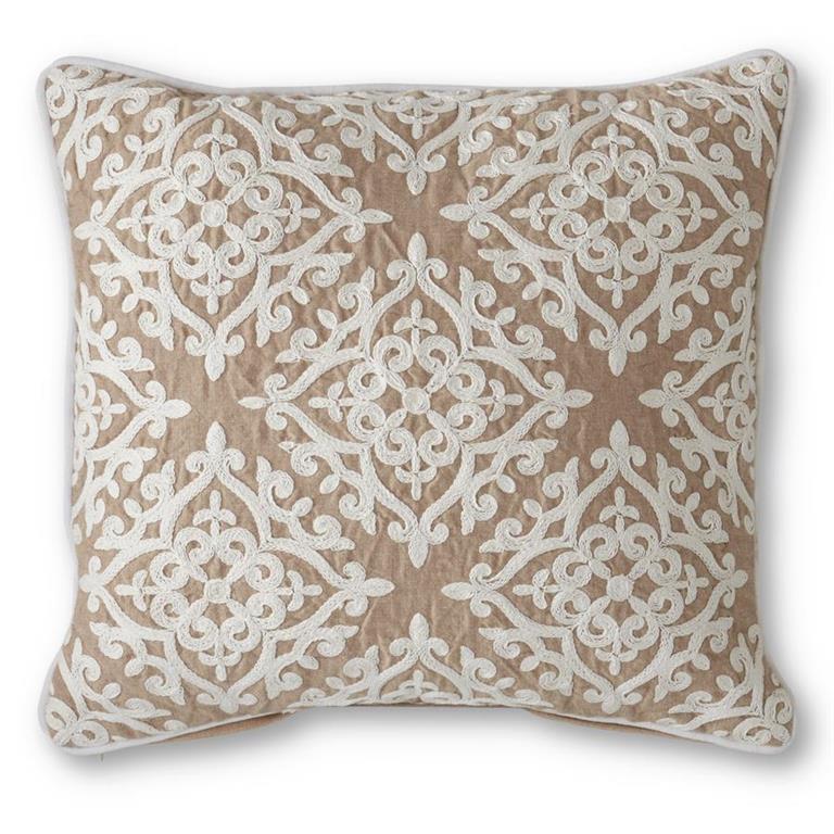 Tan Pillow with White Filigree Applique