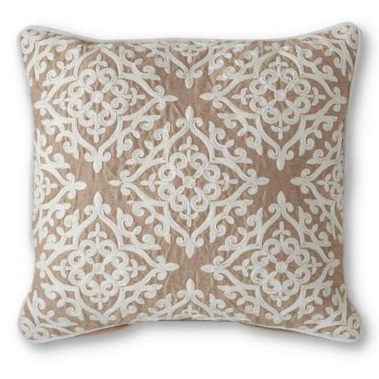 Tan Pillow with White Filigree Applique