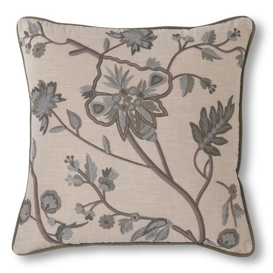 Light Beige Cotton Pillow with Gray Floral Embroidery