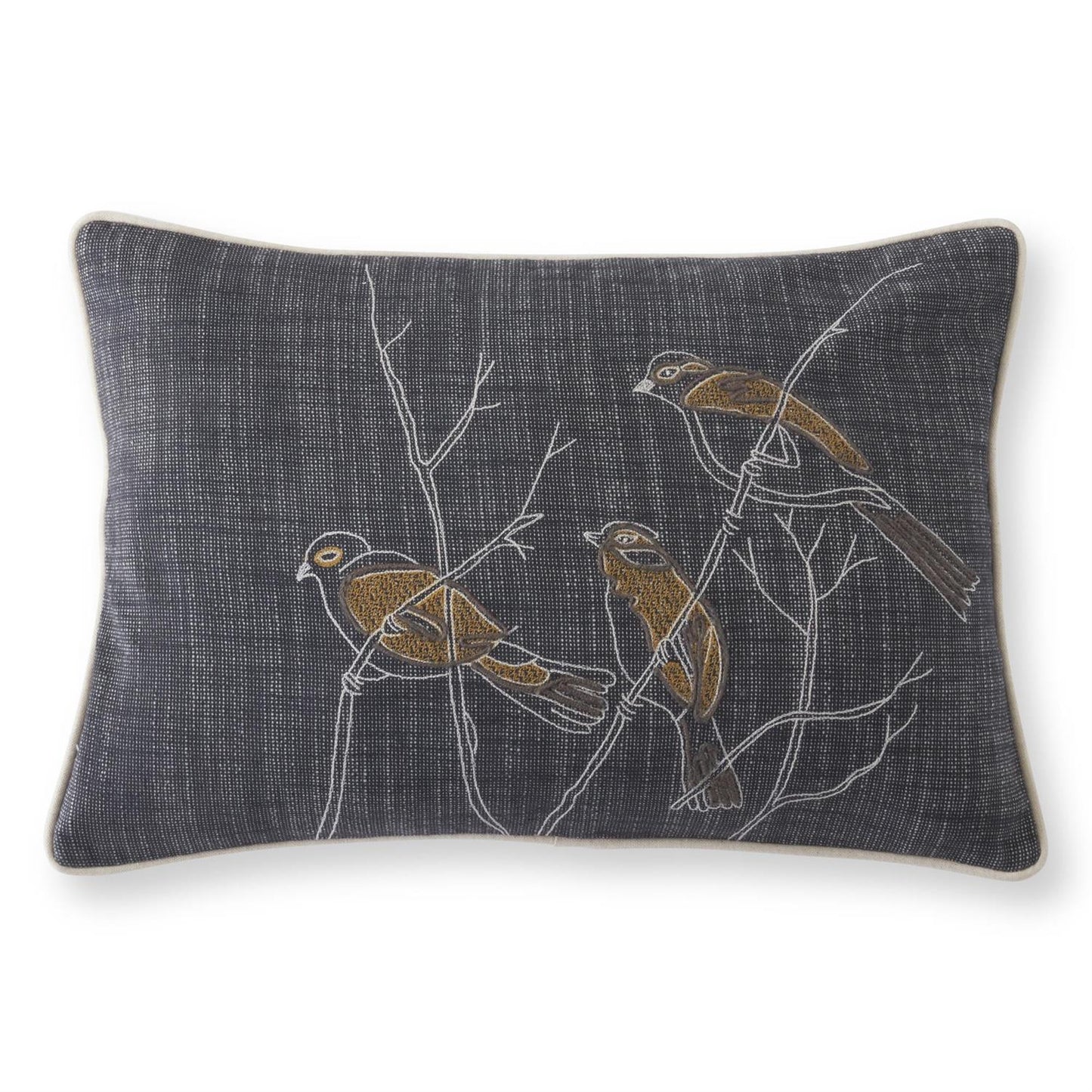 Gray Pillow with 3 Embroidered Birds