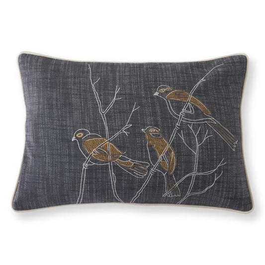 Gray Pillow with 3 Embroidered Birds