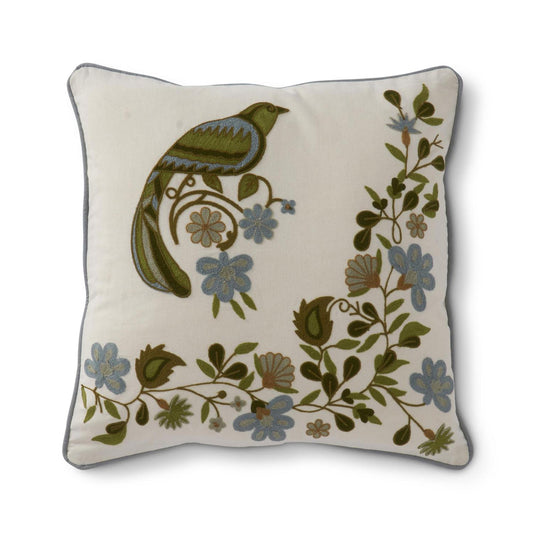 Blue and Green Embroidered Floral and Bird Pillow