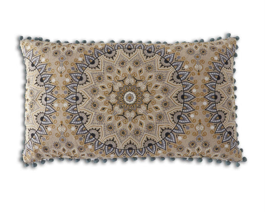 Blue & Cream Embroidered Mandala Pillow with Pom Pom
