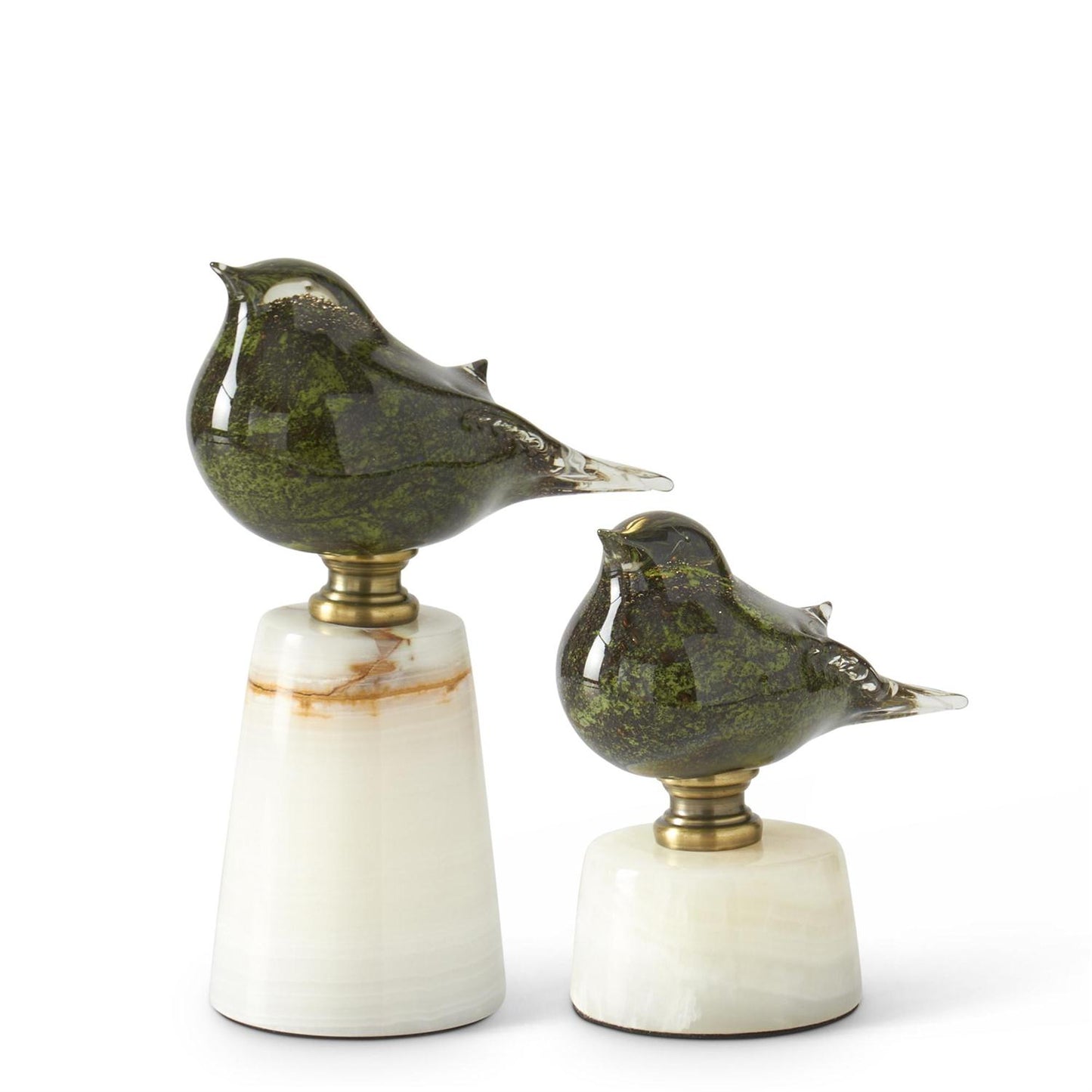 Glass Birds on White Marble Bases