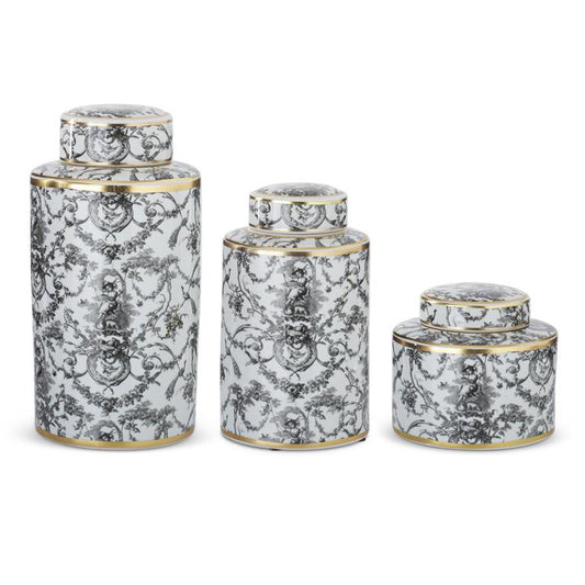 Set of 3 Black White & Gold Swinging Lady Ginger Jar