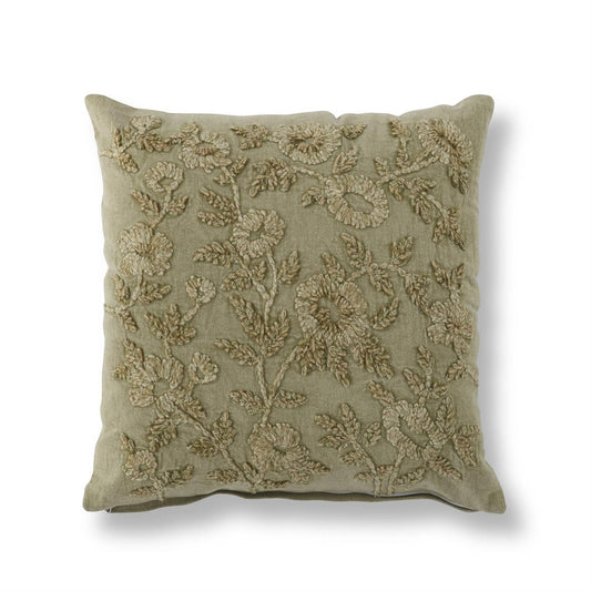 Cotton Stone Washed Sage Green Floral Embroidered Pillow