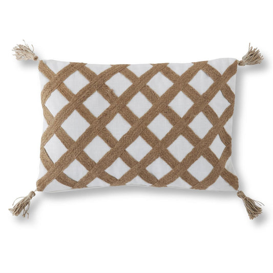 Cotton White & Jute Lattice Pillow with Tassel