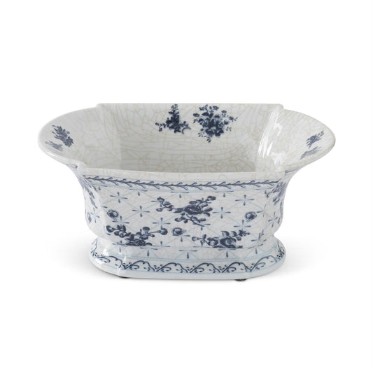 Blue & White Floral Ceramic Oval Fluted Bowl