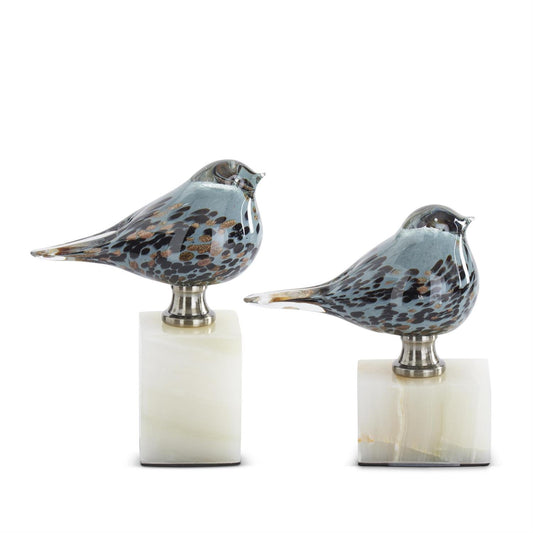 Glass Birds on White Marble Bases