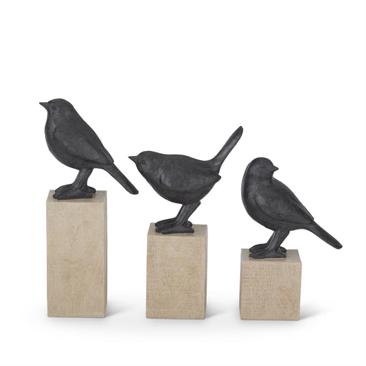 Resin Faux Cast Iron Birds on Wood Block Pedestals