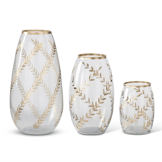 Small Gold Gilded Leaf Etched Clear Glass Vase