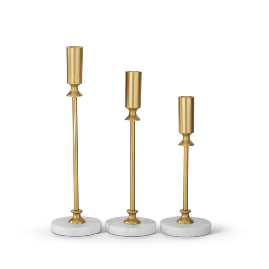 Set of 3 Slender Gold Metal Taper Candleholders with White Marble Base