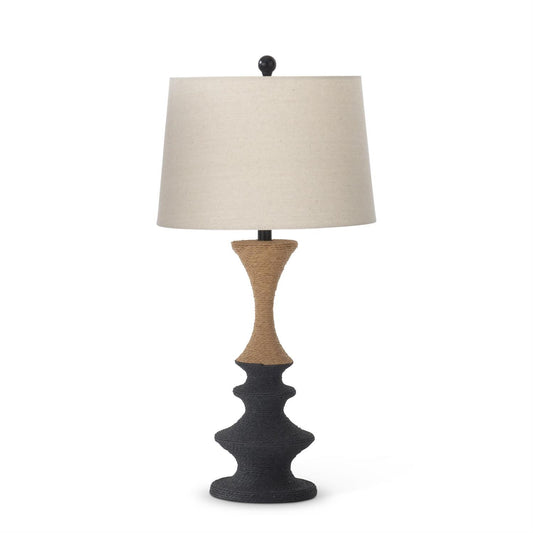 Natural & Black Woven Rattan Lamp with Natural Linen Shade