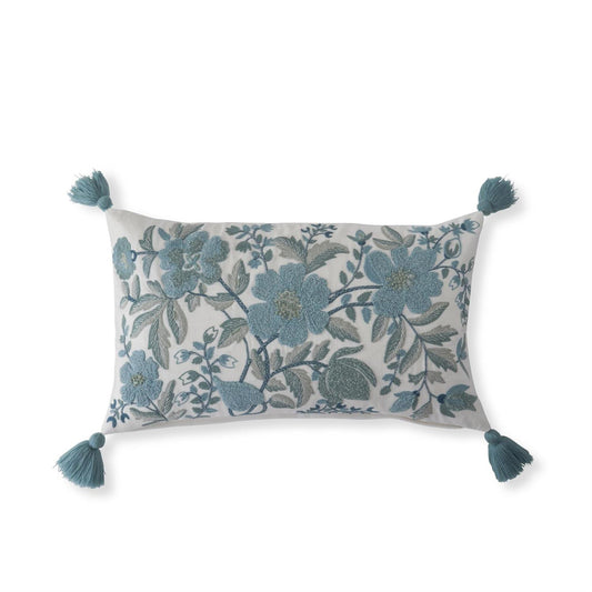 White Linen & Blue Embroidered Floral Pillow with Tassels