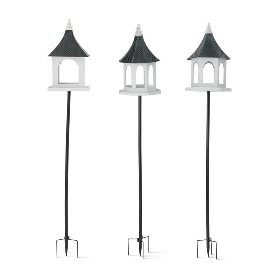Tin & White Wood Birdhouse Decorative Garden Stakes