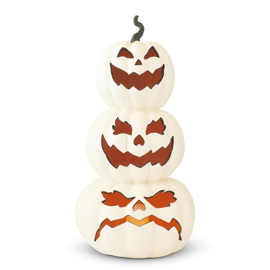 White Resin LED Flicker Flame 3 Stack Jack O Lanterns with Timer