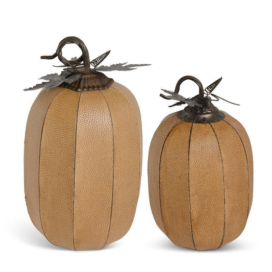 Orange Split Leather Pumpkins with Metal Leaves & Stem