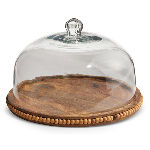 11.5" Wood Beaded Tray with Cloche