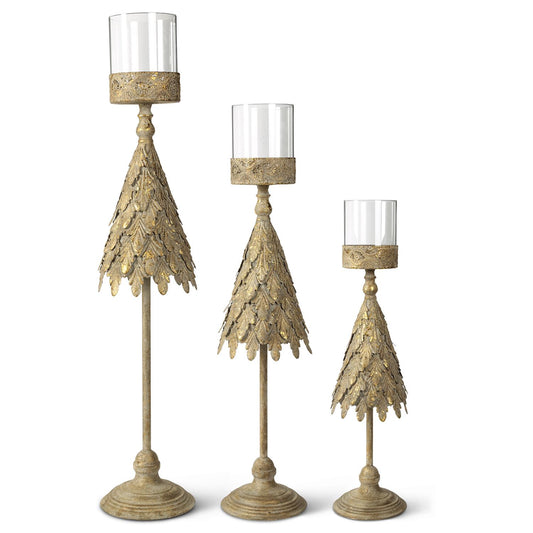 Set of 3 Gold Metal Tree Candleholders with Glass