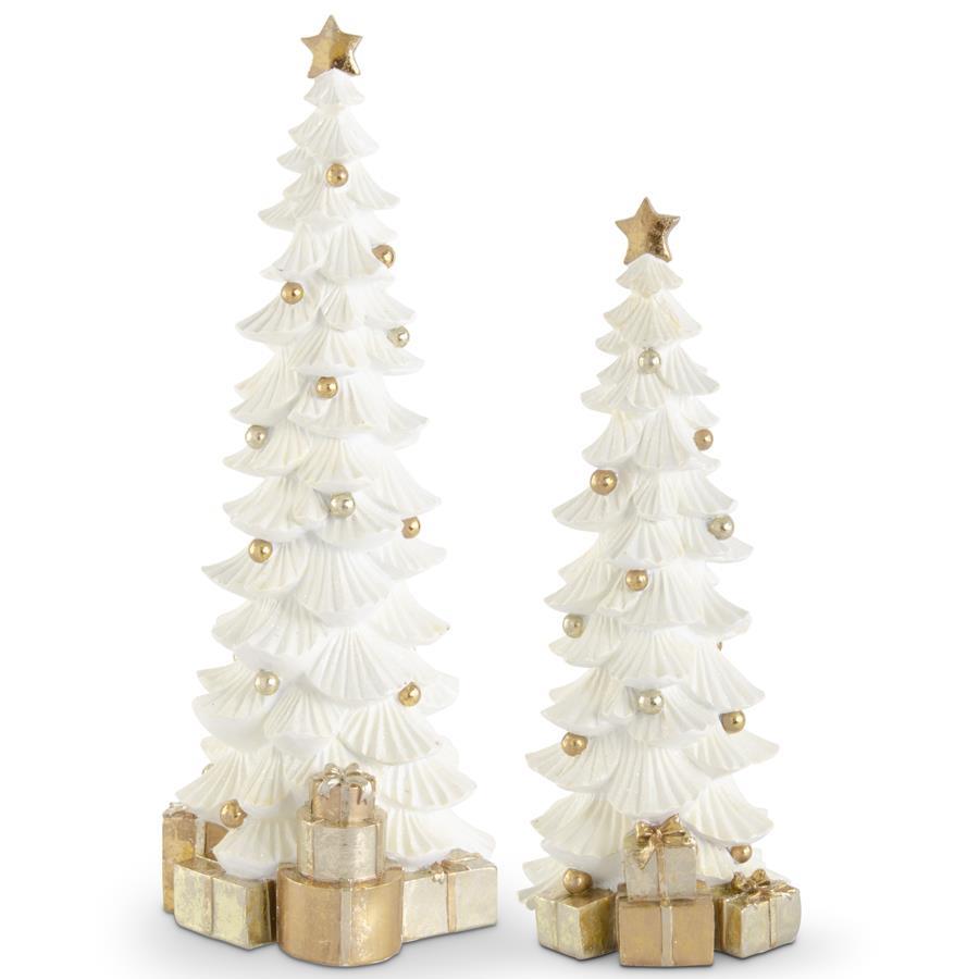 Small White Glittered Resin Tree with Gold Packages