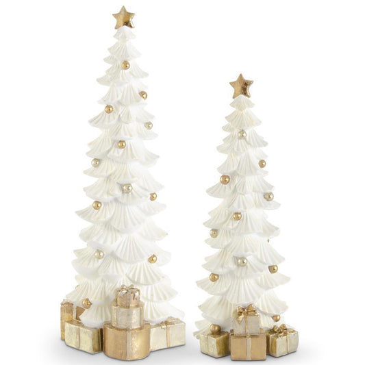 Small White Glittered Resin Tree with Gold Packages