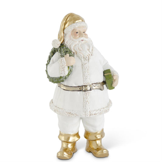 White & Gold Resin Santa with Wreath & Package