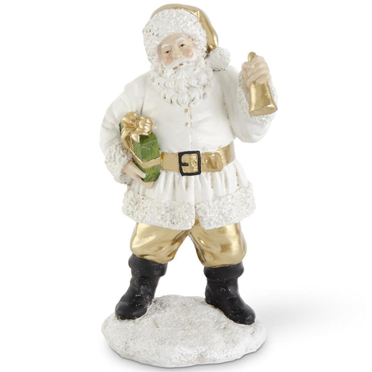 White & Gold Resin Santa with Package & Bell