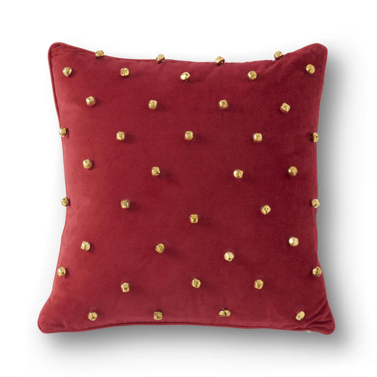 Square Red Cotton Pillow with Gold Bells